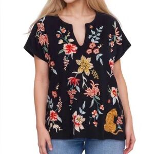 Johnny Was Black Top with Multicolor Floral Embroidery